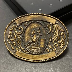 Vintage 1981 Kinney Co. Brass Barrel Racing Horse Banner Belt Buckle